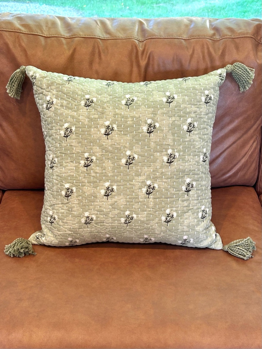 Envogue Floral & Stitch Cotton Cover and Duck Feather Pillow 20”x20” Light Sage